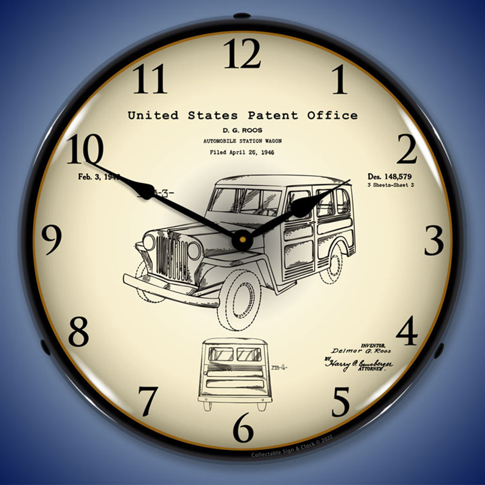1946 Willys Jeep Station Wagon Patent 14" Illuminated LED Wall Clock