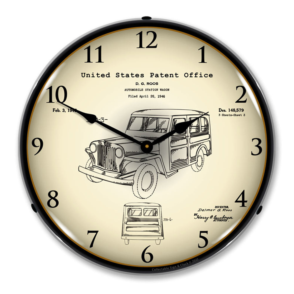 1946 Willys Jeep Station Wagon Patent 14" Illuminated LED Wall Clock