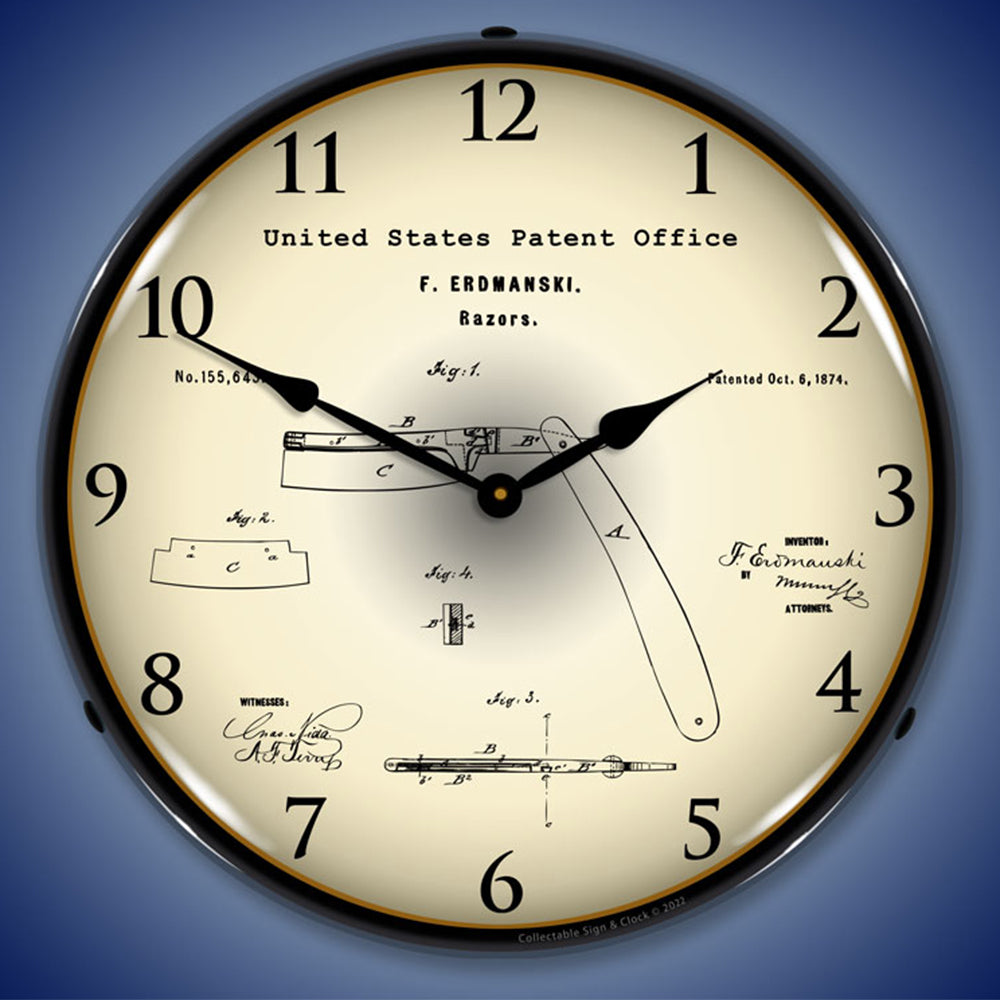 1874 Straight Razor Patent 14" LED Wall Clock