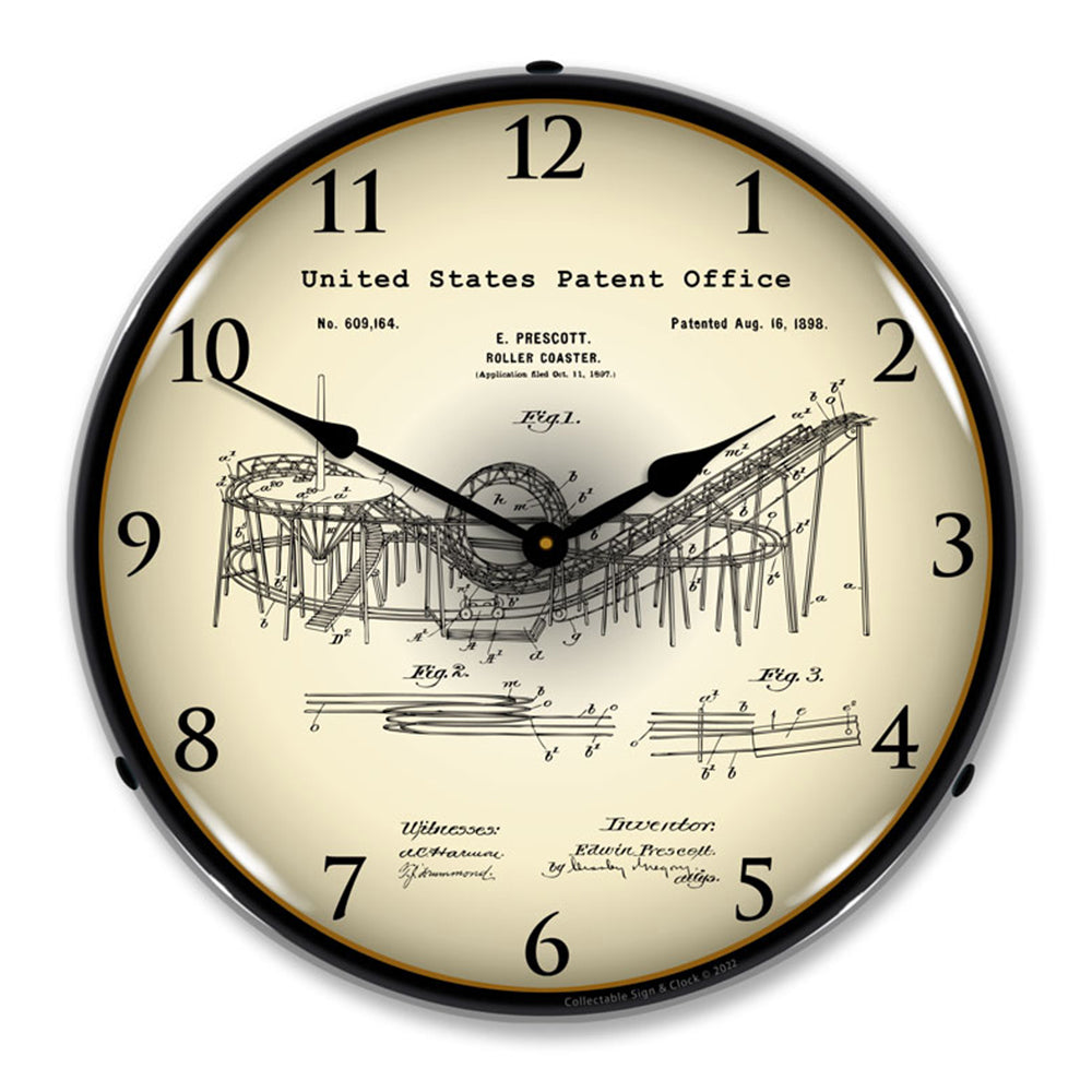 1898 Prescott Roller Coaster Patent 14" LED Wall Clock