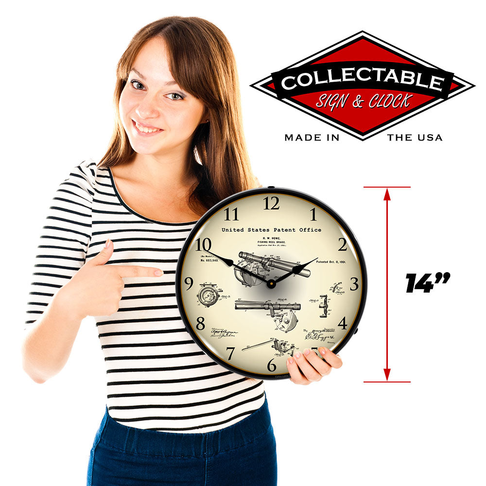 1901 Antique Fishing Reel Brake Patent 14" LED Wall Clock