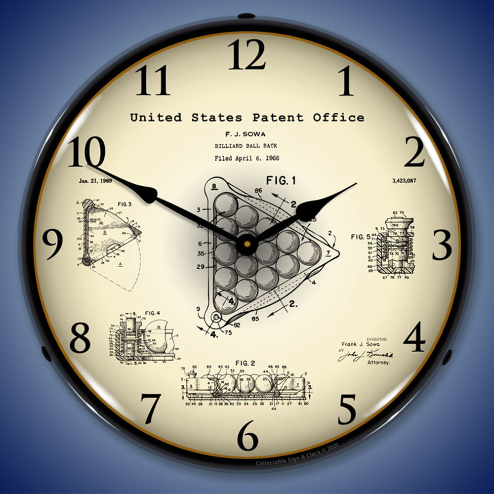 1966 Billiards Ball Rack Patent 14" LED Wall Clock