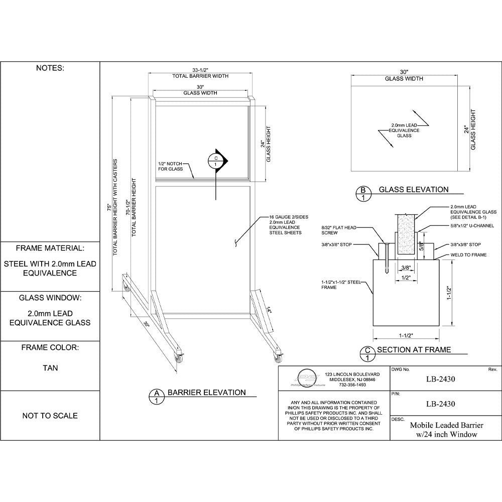 Phillips Safety LB-2430 Mobile Leaded Barrier with 24" x 30" Viewing Window