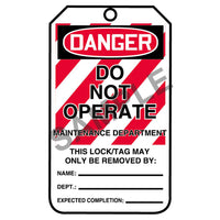 JJ Keller "Danger Do Not Operate Maintenance Department" Lockout/Tagout Tag