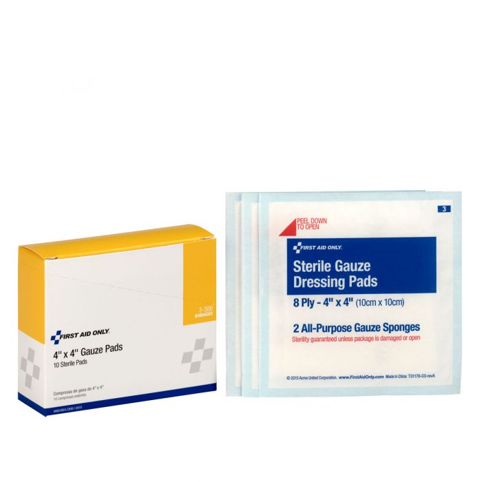First Aid Only Sterile Gauze Pads - 4 in x 4 in 8-Ply Wound Dressings, 10 Per Box