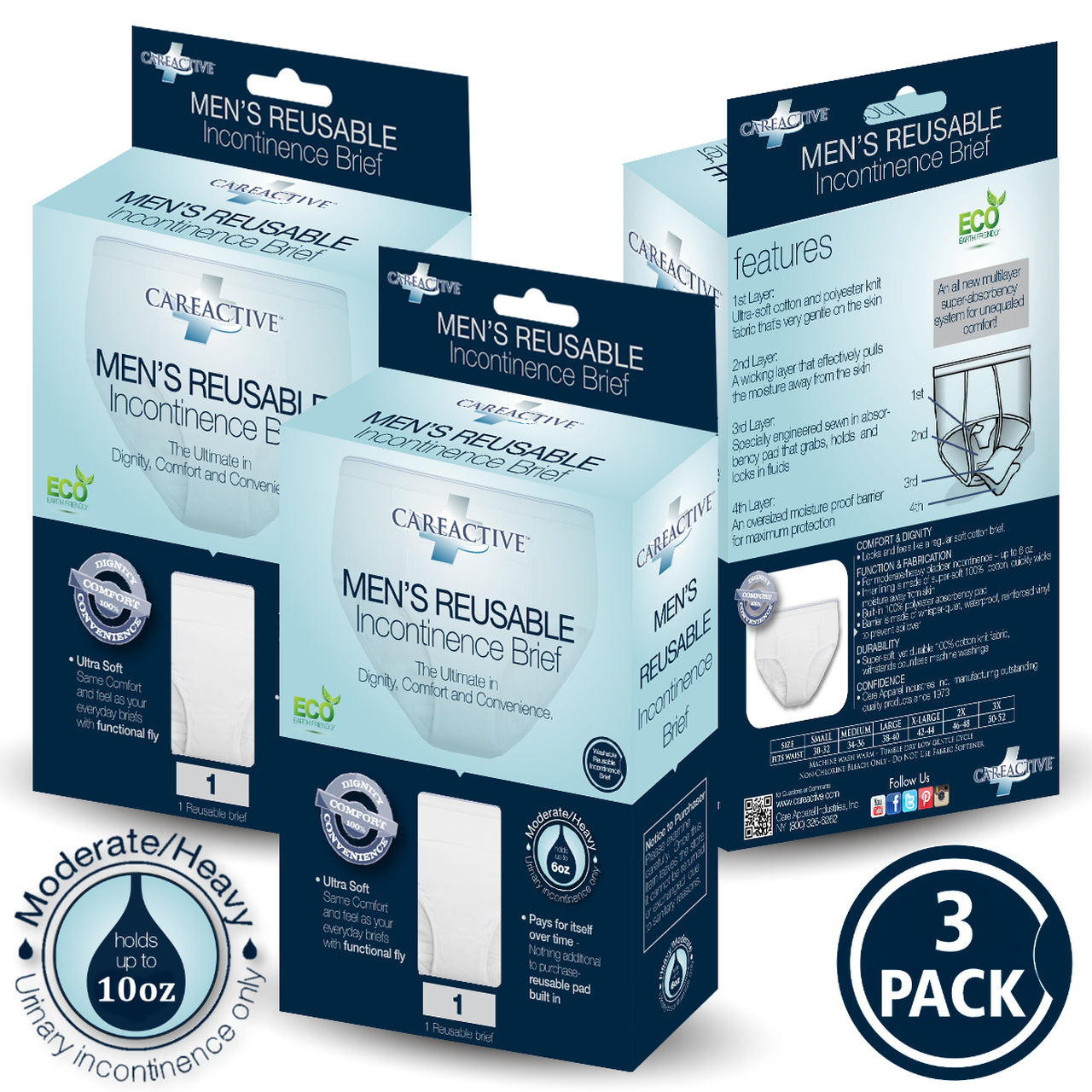 Care Active Men's Reusable Incontinence Brief (3-Pack Assorted Colors)