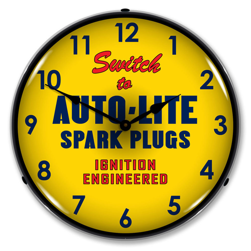 Switch to Ignition Engineered Auto-Lite Spark Plugs 14" LED Wall Clock | Backlit Vintage Automotive Signage for Professional Facilities
