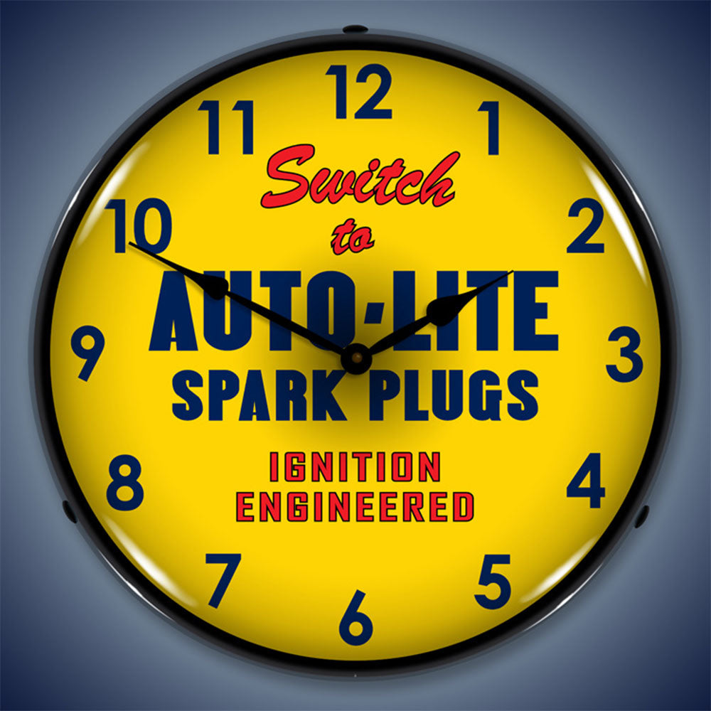 Switch to Ignition Engineered Auto-Lite Spark Plugs 14" LED Wall Clock | Backlit Vintage Automotive Signage for Professional Facilities