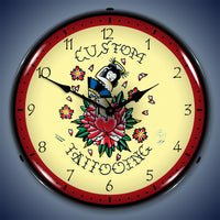 Tattoo Rose "Custom Tattooing" 14" LED Wall Clock