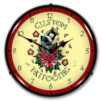 Tattoo Rose "Custom Tattooing" 14" LED Wall Clock