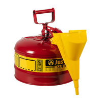 Justrite Type I Steel Safety Can For Flammables, With Funnel, 2.5 Gallon