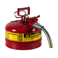 Justrite 2.5 Gallon, 1" Metal Hose, Steel Safety Can For Flammables, Type II, AccuFlow