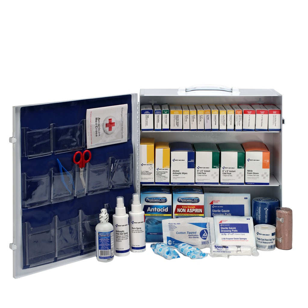 First Aid Only 100-Person 3-Shelf Metal Cabinet | ANSI B+ Industrial Compliance with Medications