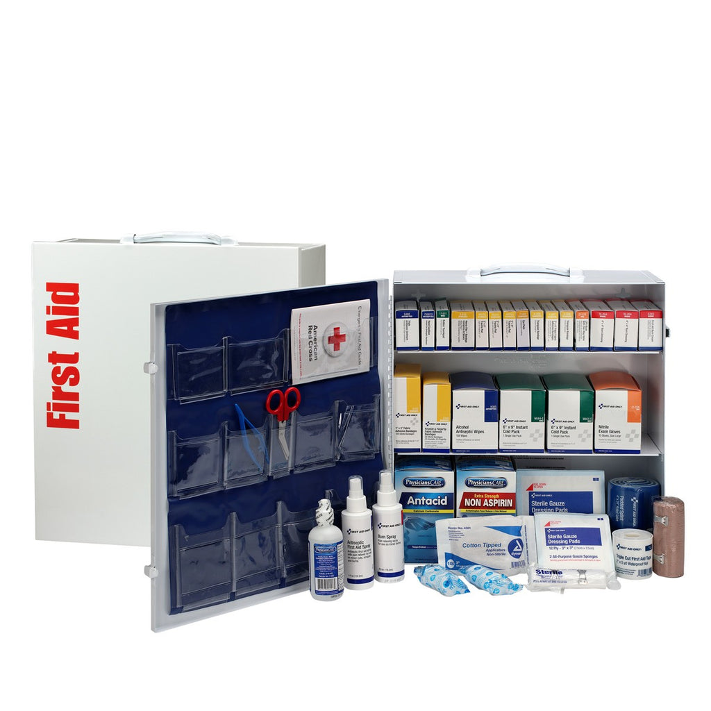 First Aid Only 100-Person 3-Shelf Metal Cabinet | ANSI B+ Industrial Compliance with Medications