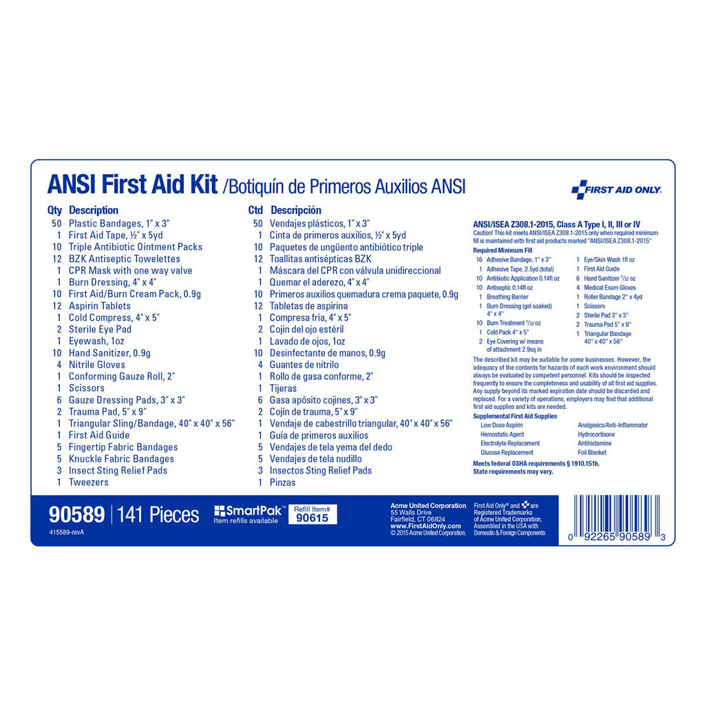 First Aid Only 25 Person Bulk Plastic First Aid Kit, ANSI A+, Type I and II