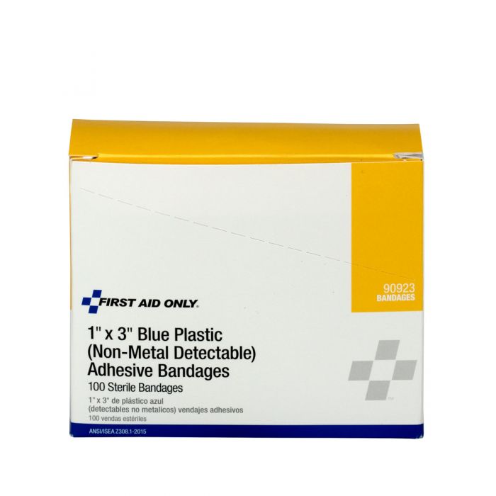 First Aid Only 1" x 3" Blue Plastic Adhesive Bandages | High-Visibility Water-Resistant Protection, 100 Per Box