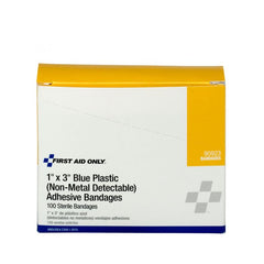 First Aid Only 1" x 3" Plastic Bandages Blue, 100 Per Box