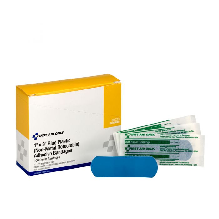 First Aid Only 1" x 3" Blue Plastic Adhesive Bandages | High-Visibility Water-Resistant Protection, 100 Per Box