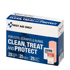 First Aid Only Clean, Treat And Protect For Cuts, Scrapes & Burns With 25 BZK Antiseptic Wipes, 25 Antibiotic Ointment Packets, And 25 Protective Plastic Bandages, 1” X 3” And ¾” X 3”