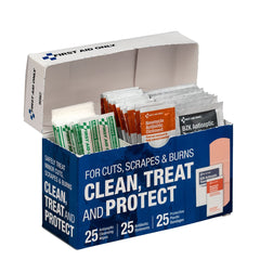 First Aid Only Clean, Treat And Protect For Cuts, Scrapes & Burns With 25 BZK Antiseptic Wipes, 25 Antibiotic Ointment Packets, And 25 Protective Plastic Bandages, 1” X 3” And ¾” X 3”