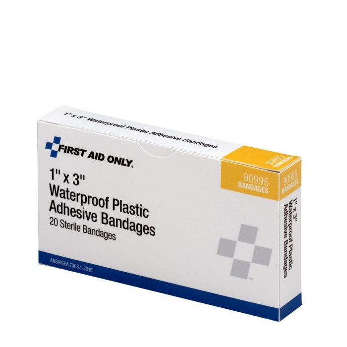 First Aid Only 1" x 3" Waterproof Plastic Adhesive Bandages | Sterile Moisture-Resistant Protection, 20 Per Box