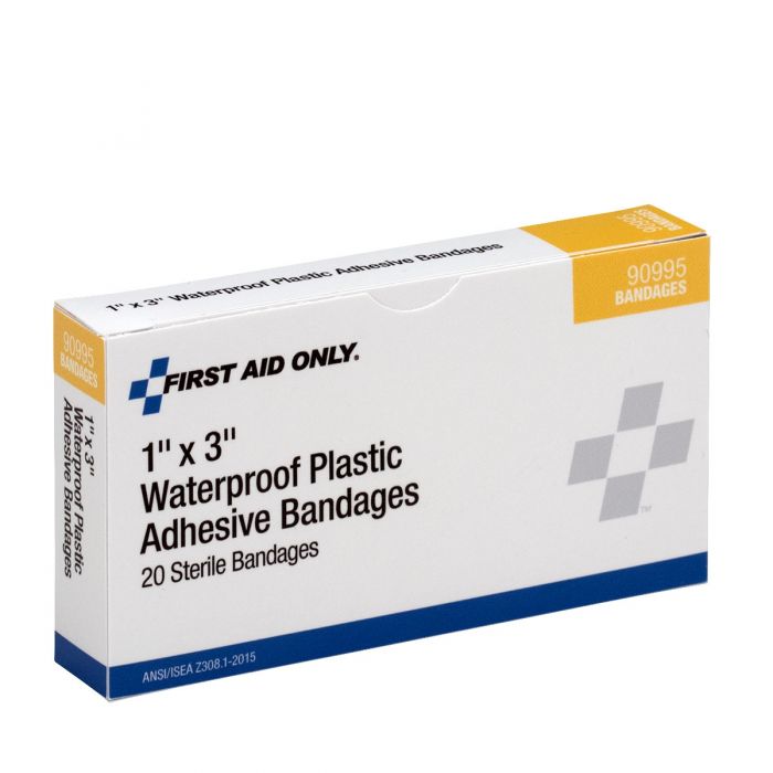 First Aid Only 1" x 3" Waterproof Plastic Adhesive Bandages | Sterile Moisture-Resistant Protection, 20 Per Box