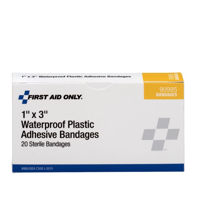 First Aid Only 1" x 3" Waterproof Plastic Adhesive Bandages | Sterile Moisture-Resistant Protection, 20 Per Box