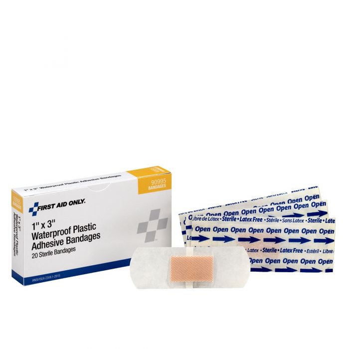 First Aid Only 1" x 3" Waterproof Plastic Adhesive Bandages | Sterile Moisture-Resistant Protection, 20 Per Box