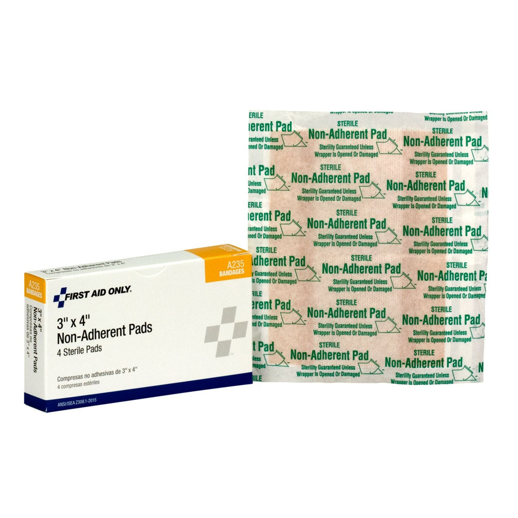 First Aid Only Non-Adherent Pads with Adhesive Edges | 3" x 4" Sterile Dressings, 4 Per Box
