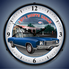 1971 Monte Carlo at Esso Garage Blue 14" LED Wall Clock