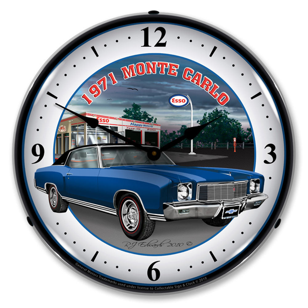 1971 Monte Carlo at Esso Garage Blue 14" LED Wall Clock