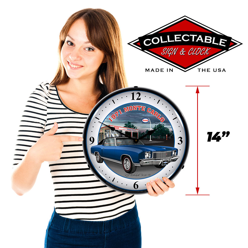1971 Monte Carlo at Esso Garage Blue 14" LED Wall Clock