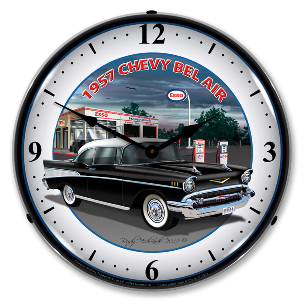1957 Chevy Bel Air at Esso Station 14" LED Wall Clock