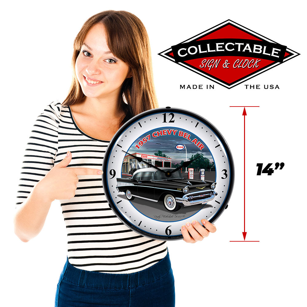 1957 Chevy Bel Air at Esso Station 14" LED Wall Clock