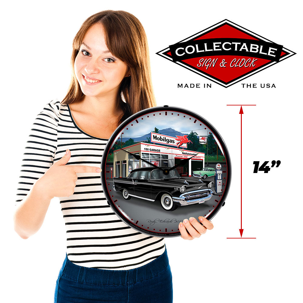 1957 Chevy at Mobilgas Station 14" LED Wall Clock