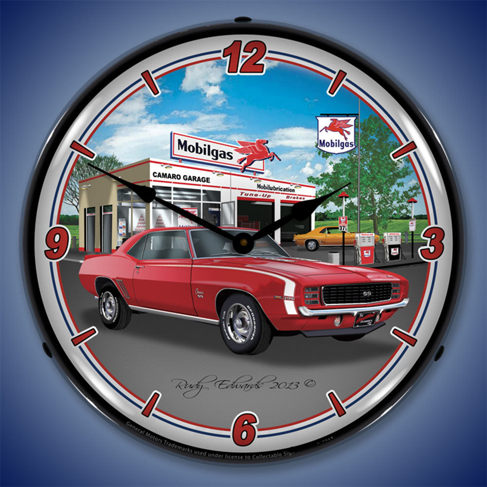 1969 RS SS Camaro at Mobilgas Station 14" LED Wall Clock