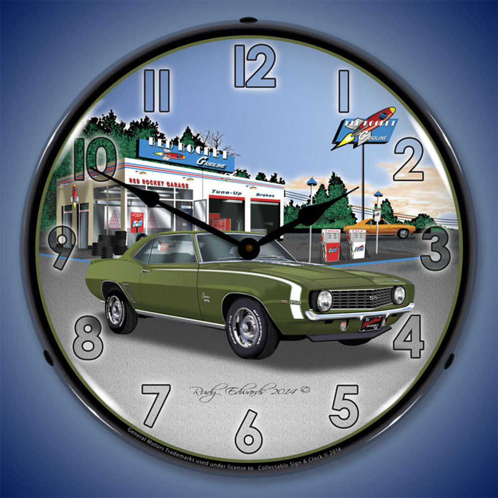 1969 Camaro SS at Rocket Gas Station 14" LED Wall Clock