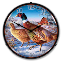 Frosty Morning Ringnecks Pheasants 14" LED Wall Clock