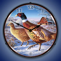 Frosty Morning Ringnecks Pheasants 14" LED Wall Clock