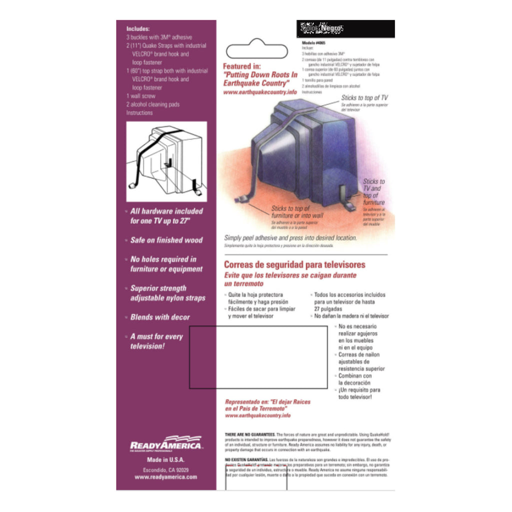MayDay QuakeHOLD! TV Strap - Seismic Equipment Stabilization System