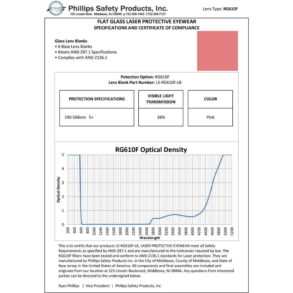 Phillips Safety RG-610 Laser Safety Glass Window for Multi-Wavelength Laboratory and Industrial Protection