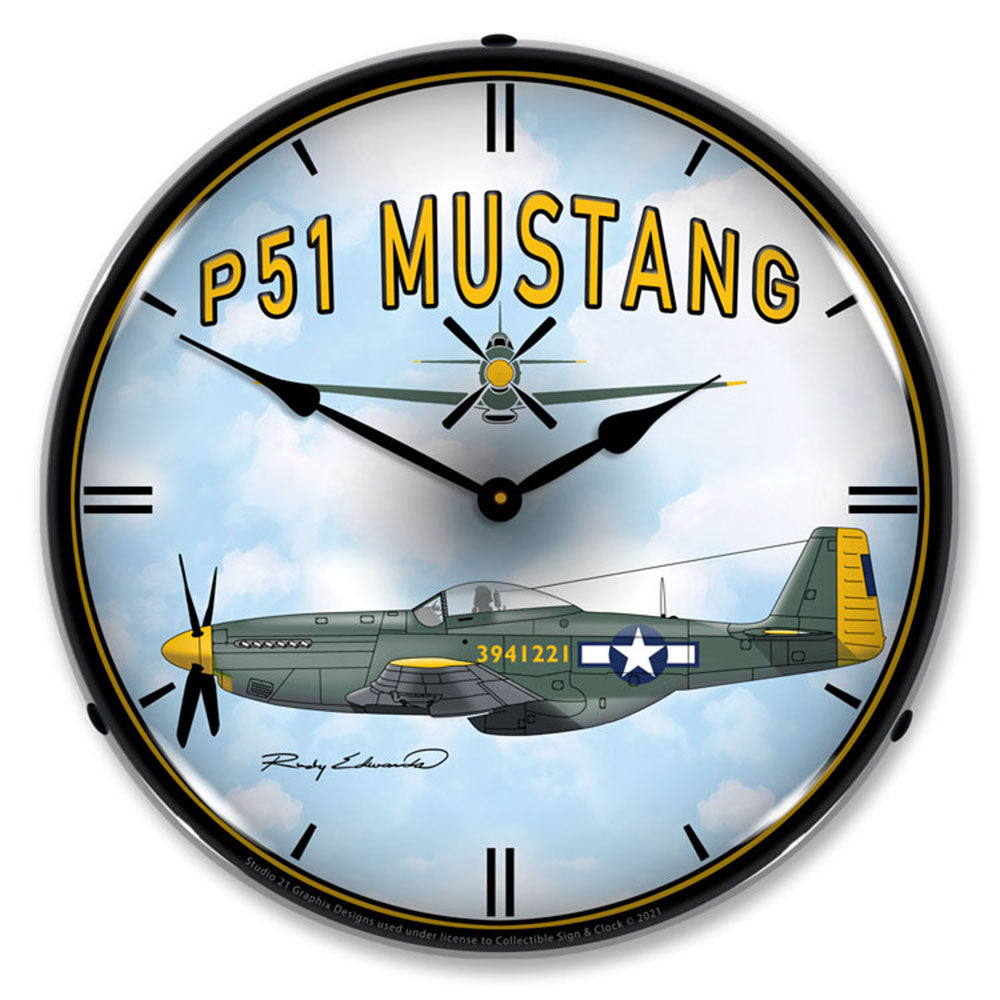 Collectable Sign & Clock P51 Mustang 14" LED Wall Clock – Vintage-Style Backlit Aviation Timepiece