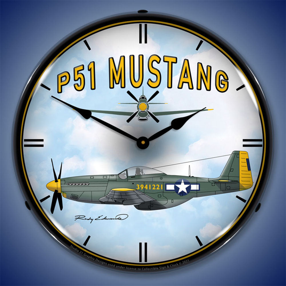 Collectable Sign & Clock P51 Mustang 14" LED Wall Clock – Vintage-Style Backlit Aviation Timepiece