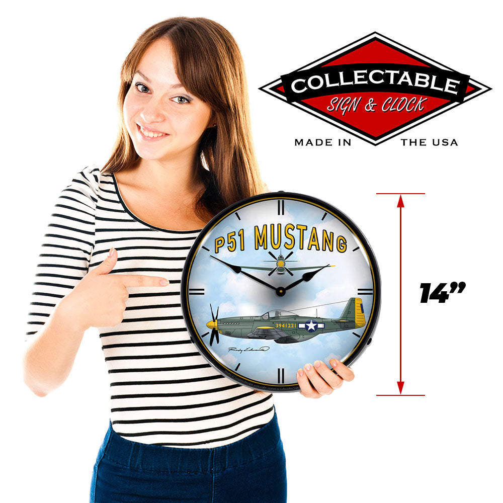 Collectable Sign & Clock P51 Mustang 14" LED Wall Clock – Vintage-Style Backlit Aviation Timepiece