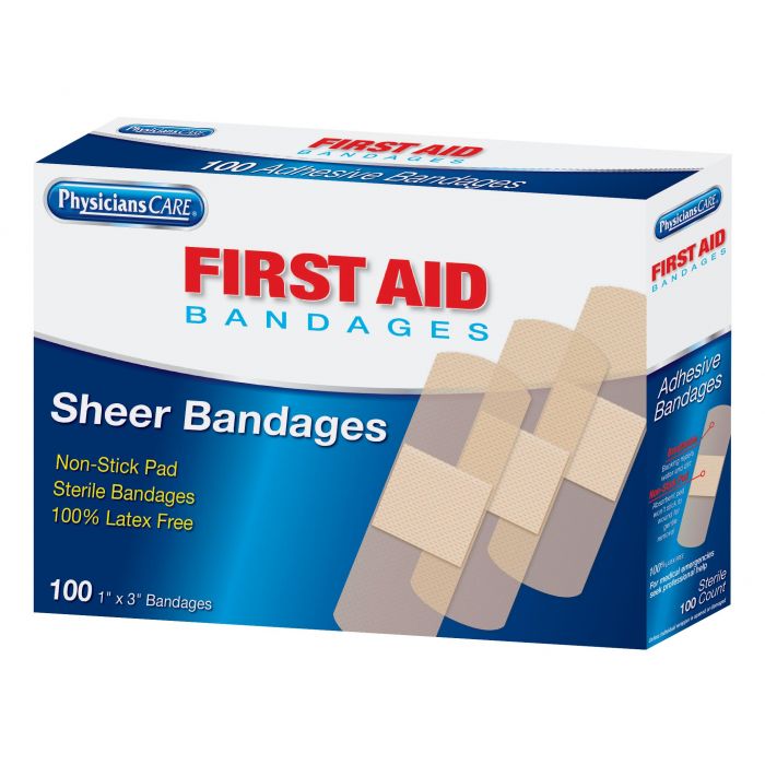 First Aid Only 1" x 3" Sheer Adhesive Bandages | High-Capacity Lightweight Wound Protection, 100 Per Box