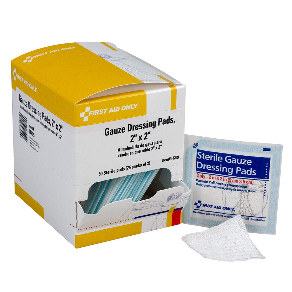 First Aid Only Sterile Gauze Pads | 2" x 2" 8-Ply Wound Dressings, 50 Per Box