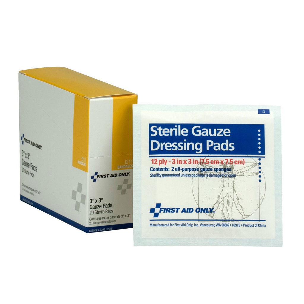 First Aid Only Sterile Gauze Pads | 3" x 3" 8-Ply Wound Dressings, 20 per Box