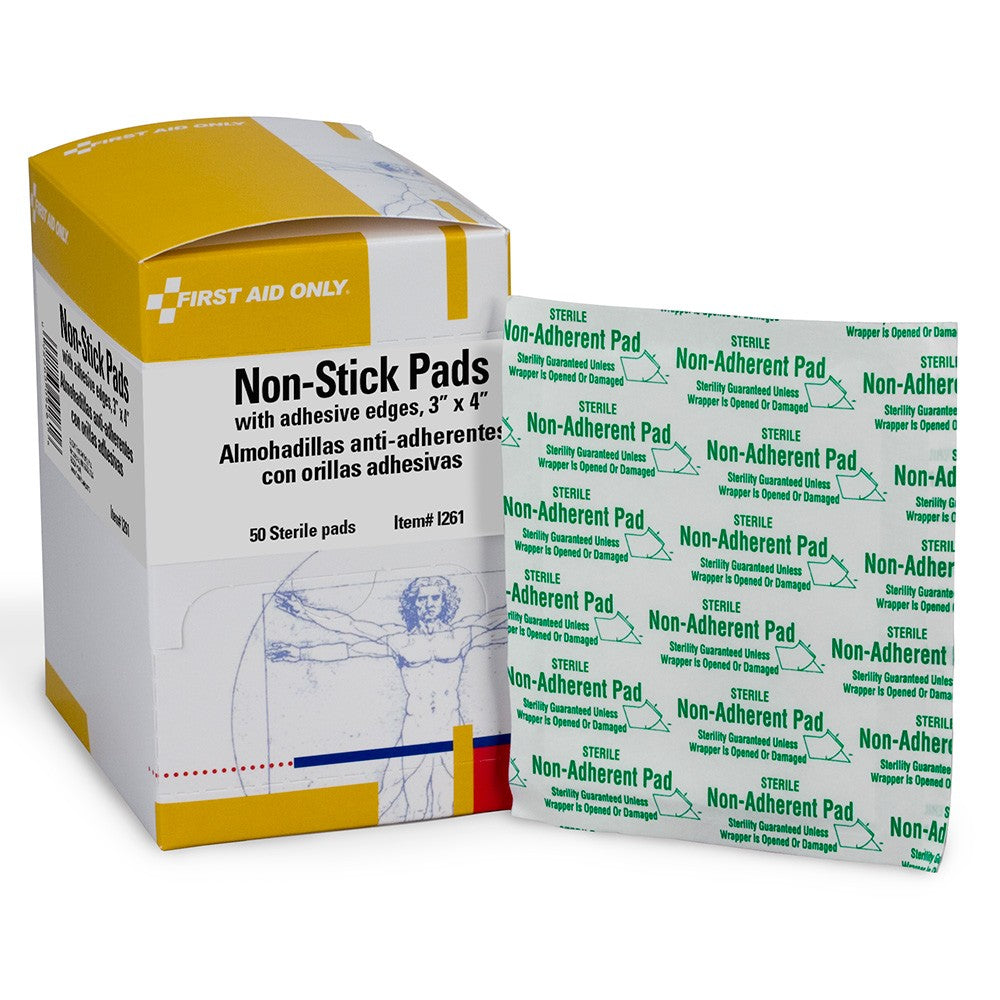 First Aid Only Non-Adherent Pads with Adhesive Edges | 3" x 4" Sterile Dressings, 50 Per Box
